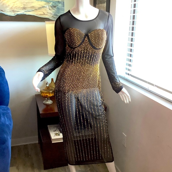 Dresses & Skirts - Sheer Gold-Beaded Long-Sleeve Midi Dress